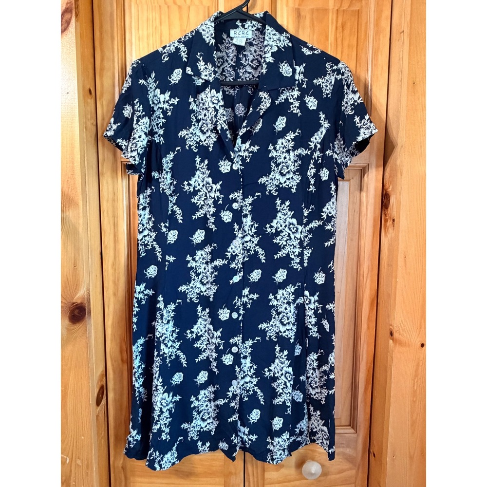 VTG BCBG Max Azria Floral Shirt Dress Womens M Navy Blue 90s Grunge Button Front